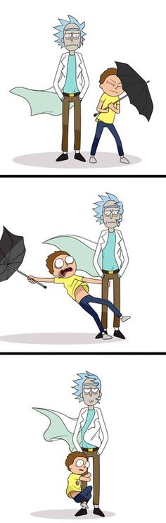 two cartoon characters one is holding an umbrella and the other is pushing another character with his arm