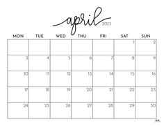 a calendar with the word april written in cursive writing on it and an image of