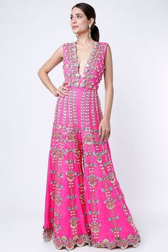 Hot Pink 3D Embroidered Jumpsuit Design by Papa Don't Preach by Shubhika at Pernia's Pop Up Shop 2021