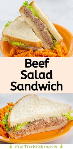 two pictures of sandwiches with the words beef salad sandwich on top and side by side