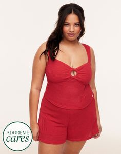 The Sandra Dark Red tank and shorts set is made from a breezy material and features a crocheted cropped tank with cute ring detail in the center and fully lined shorts that hug your curves perfectly. The elastic bands provide you with extra support for all-day wear. (Available in plus-sizes XL-4X.) Cute Ring, Shorts High Waisted, Red Tank, Adore Me, Cute Rings, Short Set, Cami Tanks, Shorts Set, Crop Tank