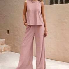 Dusty Pink Tank Top & Wide Leg Pants Set 100% Cotton Brunch With Friends, Going On A Date, Warm Weather Outfits, Pink Linen, Pink Tank, Pink Tank Top, Linen Clothes, Summer Wardrobe, Dusty Pink