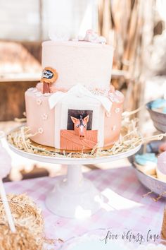 a pink cake sitting on top of a table covered in hay and other desserts