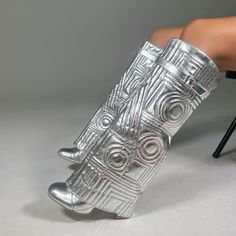 Metallic Puffer Boots, Metallic Heel Boots, Silver Mirror Boots, Boots Stacked Heel, Unique Heel Shoes, Knee High Metallic Boots, Chrome Silver Boots, Silver Platform Boots, Unique Boots For Women