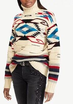 Trendy Fashion Ralph Lauren Blue Label Women's M Aztec Navajo Ivory Sweater 100% Wool Hand Knit, Fashion Womens Sweaters Aztec Outfit, Sweaters Ralph Lauren, Ralph Lauren Pullover, Women Ralph Lauren, Ivory Sweater, Jacquard Sweater, Blue Label, Small Sweater, Denim And Supply