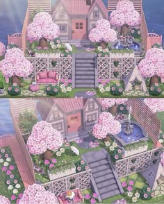 two pictures of the same house with pink flowers on each side and stairs leading up to it