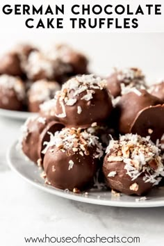 german chocolate cake truffles on a white plate