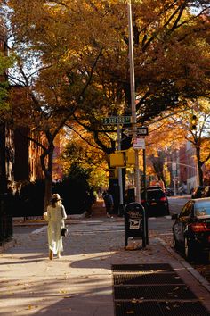 a woman walking down the street in front of some trees with leaves all over them