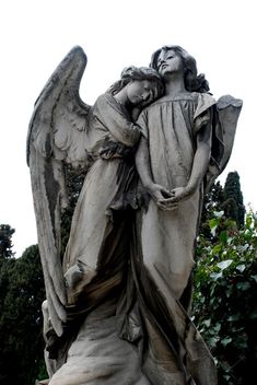 an angel statue with its arms around the back of it's head and wings outstretched