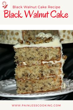 a slice of black walnut cake on a white plate with the title text overlay