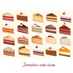 a bunch of different types of cakes on a white background with the words domestic cake slices