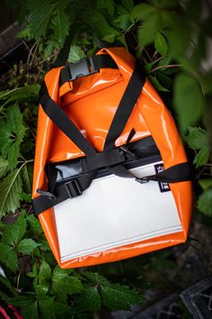 an orange and white bag sitting on top of green plants