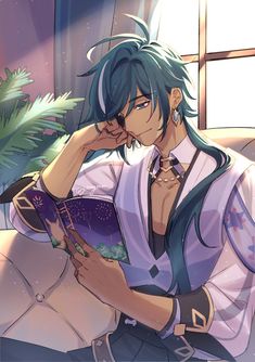 an anime character sitting on a couch with his hand to his face and holding a book