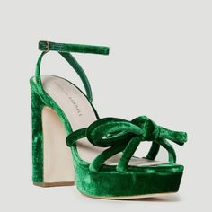 Nwt And In Box. Size 7. I Mean I Have Never Seen A More Beautiful Green! Gosh! They Are A Showstopper Of A Color And Shoe! Just Stunning! Details Crafted Of Luscious Velvet, Loeffler Randall's Melany Sandals Flaunt A Caged Vamp Adorned With A Signature Bow. This Pair Is Anchored By A Platformed Block Heel. 60% Silk/40% Cotton Upper Open Toe Ankle Buckle Strap Leather Lining Leather Sole Imported Size Self-Covered Block Heel, 4.5" Platform Height, 1.5" Elegant Green Platform Sandals, Bow Heels Wedding, Silver Metallic Shoes, Metallic Gold Heels, Velvet Block Heels, Bow Mules, Loeffler Randall Shoes, Green Themed Wedding, Velvet Pumps