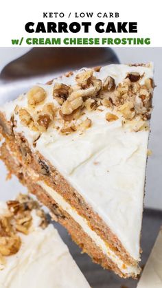 a piece of carrot cake with cream cheese frosting and walnuts on the top