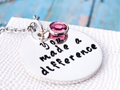 Are you looking for that one-of-a-kind, sentimental present that will make someone's day and convey a heartfelt thank you? The You made a difference necklace is the ideal thank-you gift for moms, grandmas, teachers, nurses, mentors, and other individuals who have contributed to society. #encouragement #jewelry #thankyou Gift For Mentor, Retirement Party Gifts, Retirement Party, Pink Topaz, Blue Pearl, Retirement Gifts