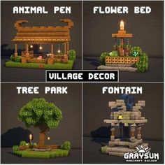 four different types of trees and plants in pixel art style with text that reads animal pen flower bed village decor tree park fountain