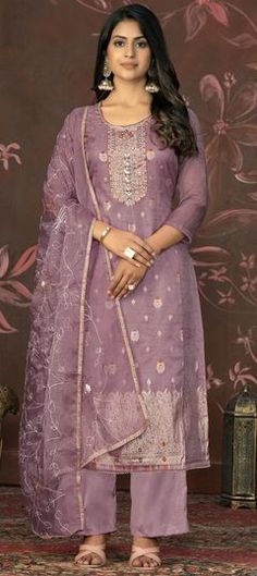 Purple and Violet color Salwar Kameez in Organza Silk fabric with Cut Dana, Printed, Stone, Zari work Heavy Salwar Suit, Purple Dupatta, Organza Suits, Purple Bottom, Purple Suits, Suit Collection, Silk Bottoms, Violet Color, Organza Dupatta