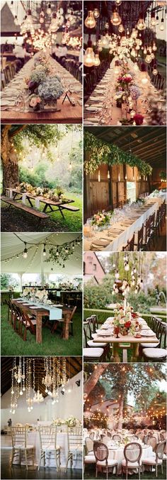 a collage of photos showing different types of tables and chairs with chandeliers hanging from them