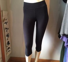 "These have been a highly requested item. These capri leggings are very versatile, and comfortable. They are made from our favorite 53% Hemp/ 42% Organic Cotton/ 5% Lycra heavy weight stretch jersey. They are a simple fitted cut with coverstitching. The waistband is 2 1/2\" wide and is designed to lay flat against your waistline. Preshrunk. Size Chart: S: Waist~28\"-31\" Hips~35\"-38\" Traditional sizes~4-6 M: Waist~32\"-34\" Hips~38\"-40\" Traditional sizes~8-10 L: Waist~34\"-36\" Hips~41\"-43\ Comfortable Fitted Tights For Workout, Comfortable Fitted Workout Tights, Stretch Capri Pants For Sports, Comfortable Fitted Leggings For Workout, High Stretch Casual Capris For Yoga, Comfortable Fitted Workout Leggings, Casual High Stretch Capris For Yoga, Casual High Stretch Capri Yoga Pants, Stretch Moisture-wicking Capri Bottoms