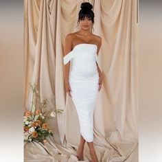 Club L London | Dresses | White Maternity Midi Dress | Poshmark Draped Midi Dress, Draped Sleeves, Pregnant Wedding, Club L London, Draped Midi Dresses, Baby Shower Outfit, Black Tie Gala