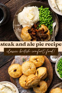 steak and ale pie recipe with mashed potatoes, peas and mashed potatoes on the side