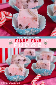 candy cane fudge with chocolate chips on top and in the middle, surrounded by candy canes