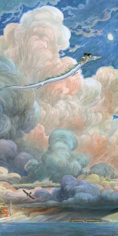 an artistic painting with clouds and birds flying in the sky