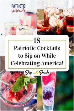 Collage of 4 patriotic cocktails. Fun Memorial Day Drinks, Memorial Day Mixed Drinks, Large Batch 4th Of July Cocktail, 4th July Cocktails, 4th Of July Cocktails Pitcher, July 4th Drinks Alcohol