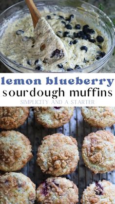 lemon blueberry sourdough muffins on a cooling rack with a wooden spoon