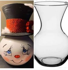 two vases with faces painted on them and one has a top hat in the middle