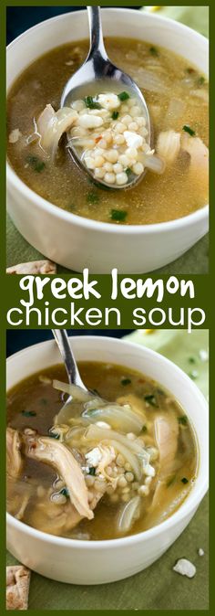 two bowls filled with chicken soup on top of a green table cloth and the words greek lemon chicken soup