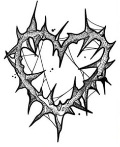 a black and white drawing of a heart with spiky lines in the middle