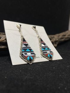 Southwestern Multicolor Sterling Silver Earrings, Southwestern Style Multicolor Sterling Silver Earrings, Bohemian Multicolor Multi-stone Earrings, Multicolor Multi-stone Teardrop Earrings, Southwestern Multicolor Teardrop Earrings, Artisan Multicolor Jewelry With Inlay, Multicolor Southwestern Teardrop Jewelry, Multicolor Southwestern Style Teardrop Jewelry, Southwestern Style Multicolor Teardrop Jewelry