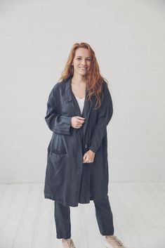 "DETAILS * Oversize linen jacket with two pockets * Stylish accent - buttons on the front * Comfort for every day * Made from soft wash medium weight (185 gsm) 100 % European linen fabric * The length of this linen jacket is +/- 1.05 m (41.3\"), the sleeve length is +/- 63 cm (24.8\"). * Height of the model is 165 cm (5′ 5″) and she is wearing jacket in size M/L and charcoal blue color * Please choose another color and size on the right * Product number: C01 CARE LABEL * machine wash gentle (40 Linen Button-up Utility Jacket With Pockets, Button-up Linen Utility Jacket With Pockets, Linen Outerwear With Lapel Collar And Button Closure, Linen Single-breasted Button-up Outerwear, Linen Outerwear With Button Closure, Relaxed Fit, Long Sleeve Linen Utility Jacket With Pockets, Relaxed Fit Linen Outerwear With Long Sleeves, Linen Outerwear With Buttoned Pockets And Lapel Collar, Fall Linen Button-up Blazer