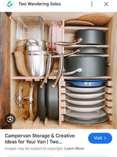 an open cabinet filled with pots and pans on top of wooden shelves next to each other