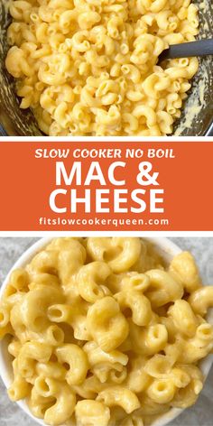 two pictures of macaroni and cheese with the words slow cooker no boil