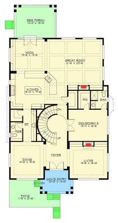 the floor plan for this house shows the living room, dining area and kitchen areas