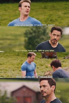 the avengers movie scene with captain america and iron man in blue shirt talking to each other