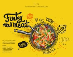 an advertisement for a pasta dish with the words funky new meat in black and yellow