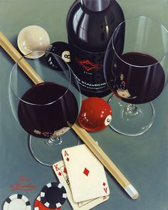 a painting of some wine and playing cards