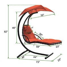 the measurements for a hanging chair with an orange canopy and black frame, shown in front of a white background