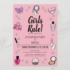 a pink birthday party card with cosmetics and makeup items