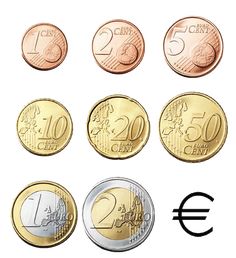 euro coins are shown in different positions