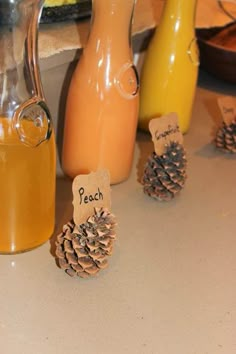 some pine cones are sitting on a counter next to bottles and jars with labels that say peach