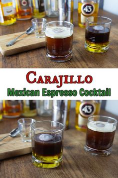 mexican espresso cocktail served in glasses on a wooden table with bottles and spoons