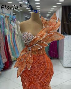 Stunning Sequin Beads Mermaid Evening Dress Dubai 3D Leaves Orange Slit Prom Party Dress Robe de Event Gowns, Orange Evening Dresses, 3d Leaves, Wedding Guest Gowns, Women Formals, Mermaid Evening Dresses, Dress Robes