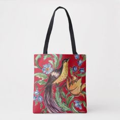 Tropical Red Bird of Paradise Floral Folk Art Tote Bag Red Bird Of Paradise, Tropical Summer Tote Shoulder Bag, Tropical Tote Beach Bag, Floral Folk Art, Red Floral Print Rectangular Bag, Pink Tropical Tote Bag, Tropical Multicolor Tote Bag, Vintage Chinoiserie, Art Tote Bag