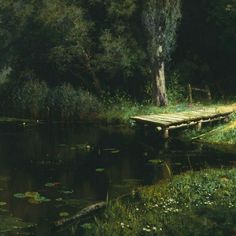 a painting of a wooden dock in the middle of a pond with water lillies