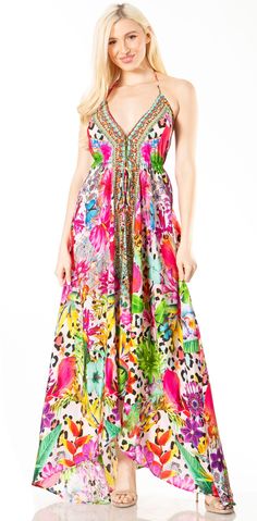 Sakkas Lizi 2 Women's Maxi High-Low Halter Handkerchief Dress Beach Party Vacation#color_512 Multicolor Print V-neck Midi Dress For Vacation, Multicolor Print V-neck Summer Dress, Multicolor Tropical Print Midi Dress For Summer, Summer Multicolor Print Dresses For Beach Season, Summer Dresses With Multicolor Print For Beach Season, Summer Dresses In Multicolor Print For Beach Season, Multicolor Print Summer Dress For Vacation, Multicolor Print Summer Vacation Dress, Summer Vacation Dresses In Multicolor Print